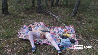 Young Amateur In White Stockings Masturbates In The Forest.-3