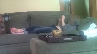 Horny girlfriend fingering pussy while watching phone porn on the couch. spy cam - Masturbation-0