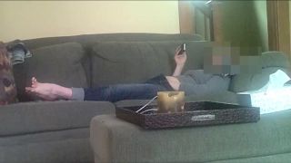 Horny girlfriend fingering pussy while watching phone porn on the couch. spy cam - Masturbation-2