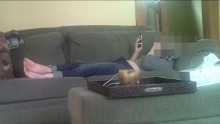Horny girlfriend fingering pussy while watching phone porn on the couch. spy cam - Masturbation-9