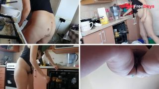 Brunette hairy pussy, big tits, big ass. Sexy wife in the kitchen naked.-7