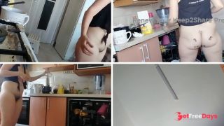 Brunette hairy pussy, big tits, big ass. Sexy wife in the kitchen naked.-8