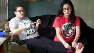 Two sexy young latina babes tie bare feet and tickle each other w Tickling!-8