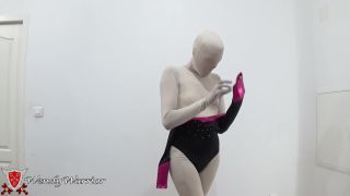 Wendy WarriorPutting on a leotard over a padlocked zentai-5