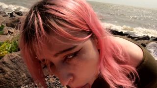 Cute pink hair teen gets oral creampie at the beach-3