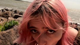 Cute pink hair teen gets oral creampie at the beach-5