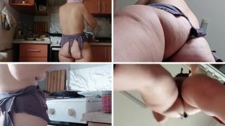 Chubby Latina Amateur wife prepares breakfast naked, hairy pussy, big tits.-6