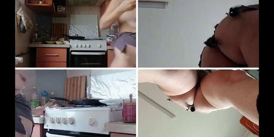 Chubby Latina Amateur wife prepares breakfast naked, hairy pussy, big tits.