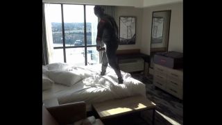 Solo Male double cocked orca jerks off and cums into used condom at hotel window-9