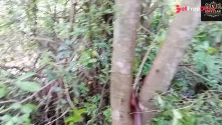 Ebony with big tits seduced a passerby and fucked him in the forest.-4