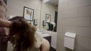 Public Tall stud fucks big ass petite brunette in a public bathroom-3