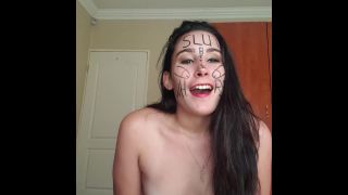 Self Degrading Slut Gags herself with dildo deepthroat and Face Slappi ...-0