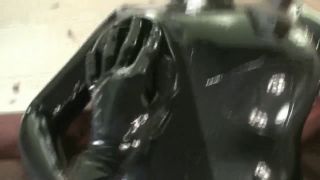 Couple Full In Black Rubber Catsuit Mask Gloves Condom Encasement Latex -6