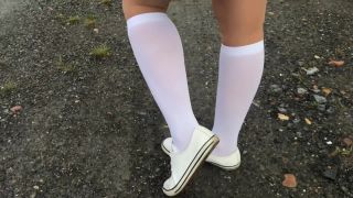 New Fantazy Schoolgirl in white knee socks and white shoes show under skirt feet-5