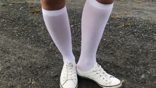 New Fantazy Schoolgirl in white knee socks and white shoes show under skirt feet-6