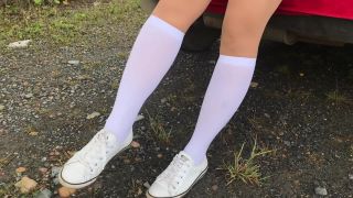 New Fantazy Schoolgirl in white knee socks and white shoes show under skirt feet-9