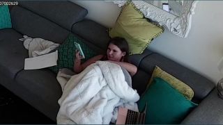 horny busty wife watching porn and playing with her nipples and pussy on the couch. spy cam-3