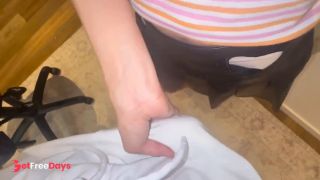 18 yo Horny school girl going crazy on the chair, grinding humping  Leather mini skirt-7