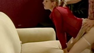 Blonde in red smokes and fucks.-9