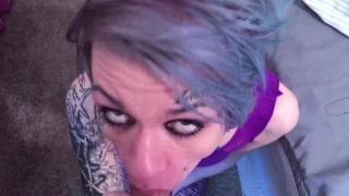 Cum to Mouth – INSANE SPLIT TONGUE BJ W Tip Edging & Swallow in Purple Fishnet Bodysuit on cumshot -8
