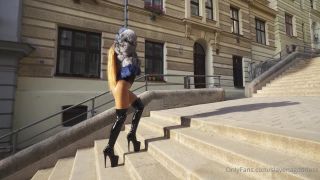 Goddess Slavena walking in glossy tights.-2