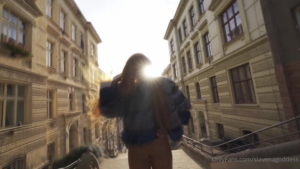 Goddess Slavena walking in glossy tights.