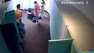 Two girls one dude in locker room-6