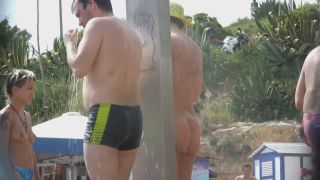 Naked woman with tattoos at beach shower Teen!-4