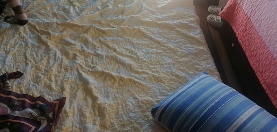 Amateur Amateur mom has fun trying on clothes and cutting them.