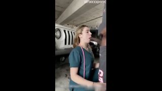 Blowjob Izzy_Swallows Izzy Teases as a Naughty Nurse Gulping Stranger Cock in Parking Lot Video-0