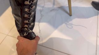 British MILF Teasing In Seamed Pantyhose, Leather Boots And Leather Glo.-6