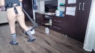 HairyMaid - Amateur wife cleans the house with a vacuum cleaner. Brunette hairy pussy, big tits.-7
