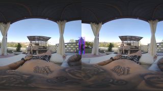 In The PURITYVR Beautiful brunette Nemesi rides a hard dick in the backyard in VR-2