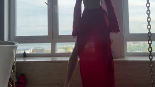 HollyHarlot - yoga in tight transparent red dress-3