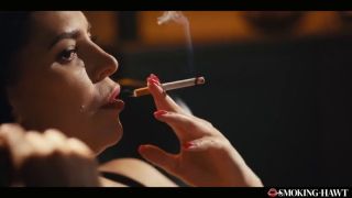 Pornstar Hot Brunette with Red Lipstick Nails and Sexy Lingerie Touching herself While Smoking Cigarette-1