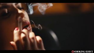 Pornstar Hot Brunette with Red Lipstick Nails and Sexy Lingerie Touching herself While Smoking Cigarette-2