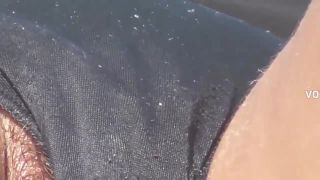 Hairy pussy slip out of thong during suntanning Hairy!-0