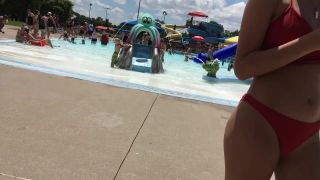 Sexy girl in red two piece bikini at the swimming pool-2