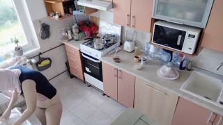 Hermina - Amateur couple having fun in the kitchen. Amateur wife with hairy pussy, big tits, big nipples, big-8