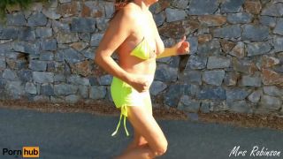 Mrs RobinsonBig Boobs Bouncing out of her Bikini Top while Running in Public-6
