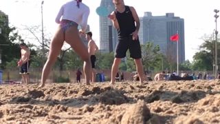 Ass in bikini clenches when she hits the ball Nudism!-2