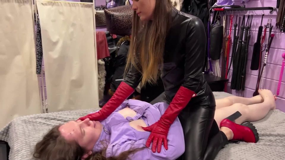 Dirty Priest - Faceslapping and hand over mouth in red long leather gloves - Lezdom