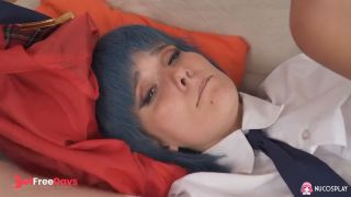 Hot naughty girl in her cosplay costume fucks herself with a glass dildo.-3