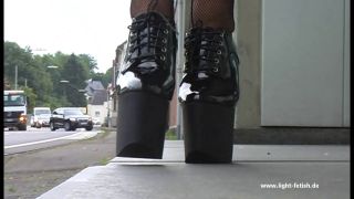 PVC corset hobbleskirt sheer nylon netph trippling on ponyboots streetshots.-7