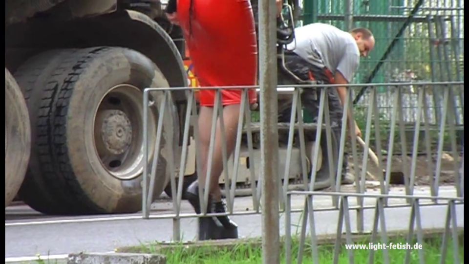 PVC corset hobbleskirt sheer nylon netph trippling on ponyboots streetshots.