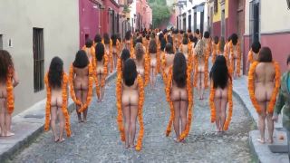 Public nudity with orange flowers on the street-1