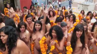 Public nudity with orange flowers on the street-9